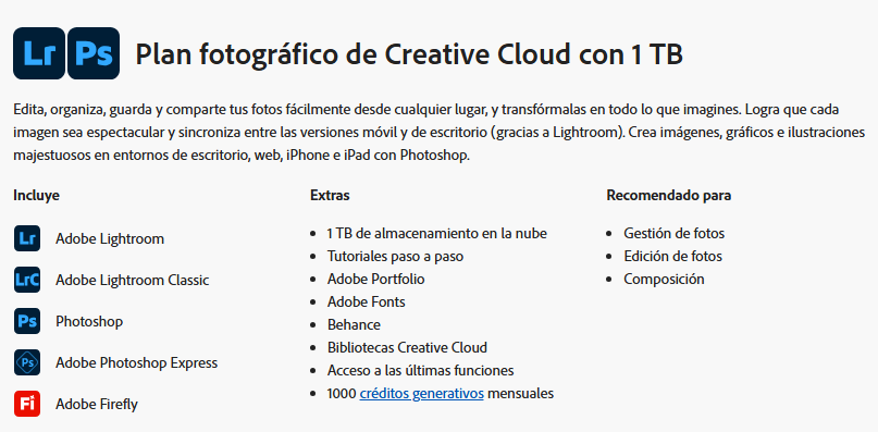 Plan fotográfico de Adobe Creative Cloud con 1 TB.
